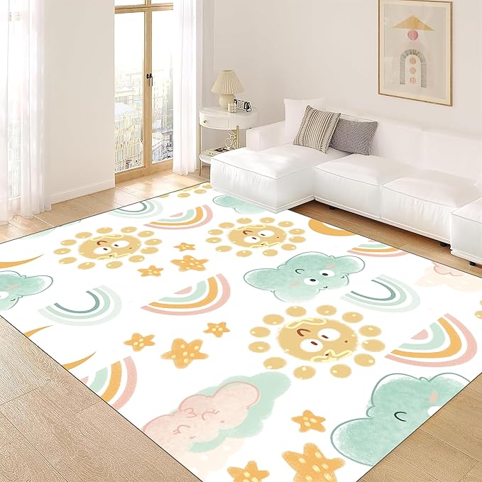 Cute Fluffy Kids Rugs - Rainbow, Colorful Floor Mats - Soft, Washable, Non-Slip - Smiling Sun, White Cloud Patterns - Kids Room, Nursery Decoration - 5x7ft
