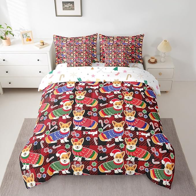 Feelyou Cute Dog Comforter Set with Sheets Cartoon Christmas Bed Set for Kids Boys Girls Merry Christmas Decor Bed in a Bag Red Geometric Lattice Bedding Set Bedroom Collection King Size