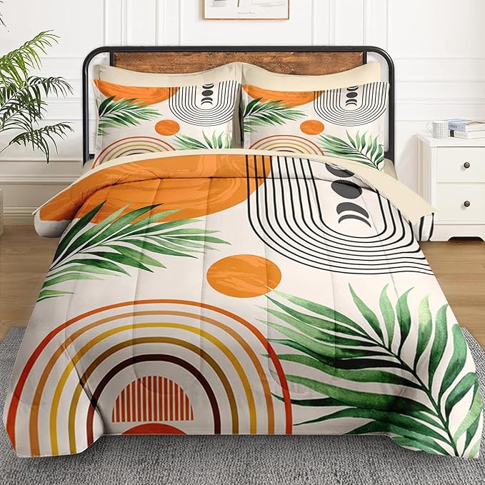 7 Pcs Queen Size Comforter Set with 2 Pillowcases & 2 Shams, Contemporary Mid Century Bedding for Kids and Adults, Rainbow Sun Boho Geometric Bed in a Bag with Flat Fitted Sheet