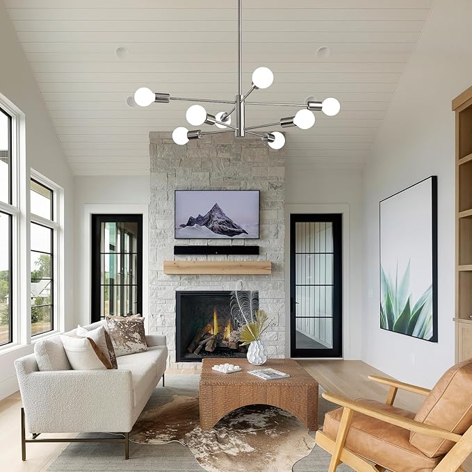 Modern Sputnik Chandeliers Light, 8 Lights Brushed Nickel Dining Room Chandelier Over Table, E26 Mid Century Ceiling Light Fixtures Height Adjustable Hanging Pendant Lighting for Entryway Foyer