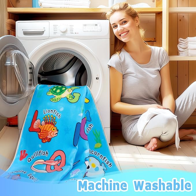 Kids Rugs for Playroom, 8x10 Ft Educational Rug for Learn The ABC Alphabet, Soft Machine Washable Non-Slip Cute Marine Organisms Carpet for Classroom Toddler Nursery Kids Room Decor, Blue