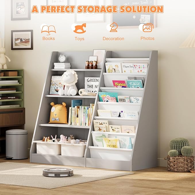 NACHES 4 Tier Kid Bookshelf Wooden 6 Sling Children Bookcase Toddler Montessori Bookcase Book Rack Display Toy Storage Organizer Book Display Shelf Stand Classroom Bedroom Nursery Playroom(Grey)