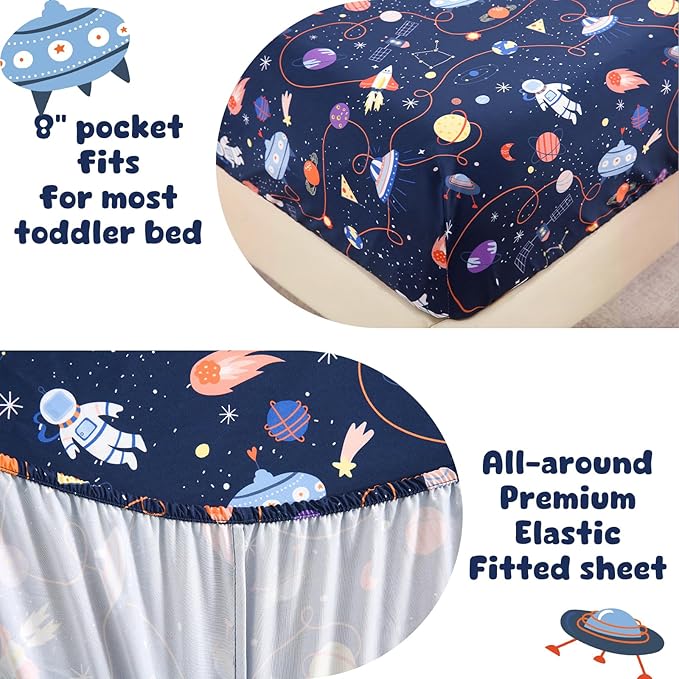 LONAVA Toddler Kids Comforter Set - 4 Pieces Toddler Bedding Sets for Boys Girls Children, Ultra Soft Microfiber Bed in A Bag with Flat Fitted Sheets, Space