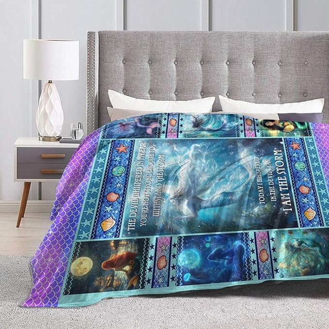 Mermaid Blanket for Girls Blue Ocean Throw Blankets Soft Cozy Warm Fuzzy Fleece Marine Life Shells Bedding Flannel Throws Stuffed Animal Gifts for Mermaid Lovers Kids Men Women Bedroom Decor 50"x40"