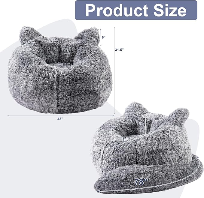 Bean Bag Chair for Adults Teens Giant Faux Fur Bean Bag Chairs with Filler Fluffy Plush Cat Shaped Beanbag Couch Comfy Accent Floor Sofa for Gaming, Reading in Living Room, Bedroom, Dorm