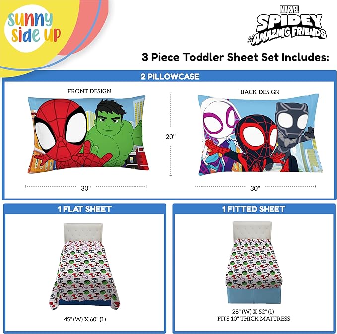 Sunny Side Up Spidey & His Amazing Friends Toddler Sheet Set - 3 Piece Toddler Bedding Set Includes Pillow Cover - Super Soft Superhero Microfiber Sheets Features Miles Morales & Ghost Spider