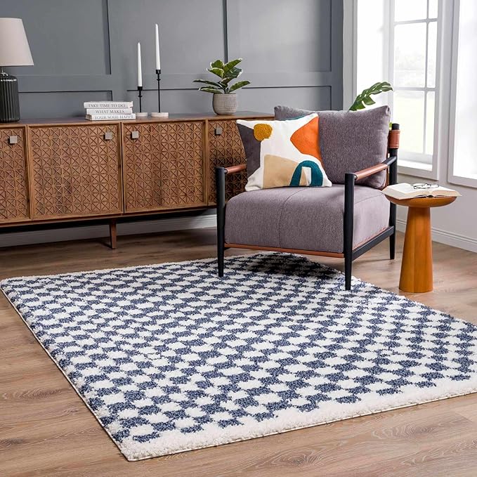 Hauteloom Kieu Contemporary Checkered Fluffy Shag Area Rug - Modern Geometric Soft Carpet Tiles for Living Room, Kids Room, Nursery - Blue, White - 5'3" x 7'