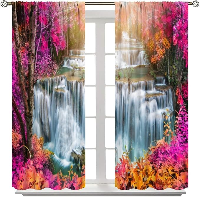 Waterfall Blackout Window Curtains, Nature Landscape Fores Theme Rod Pocket Window Drapes, for Living Room Bedroom 42" W X 63" L