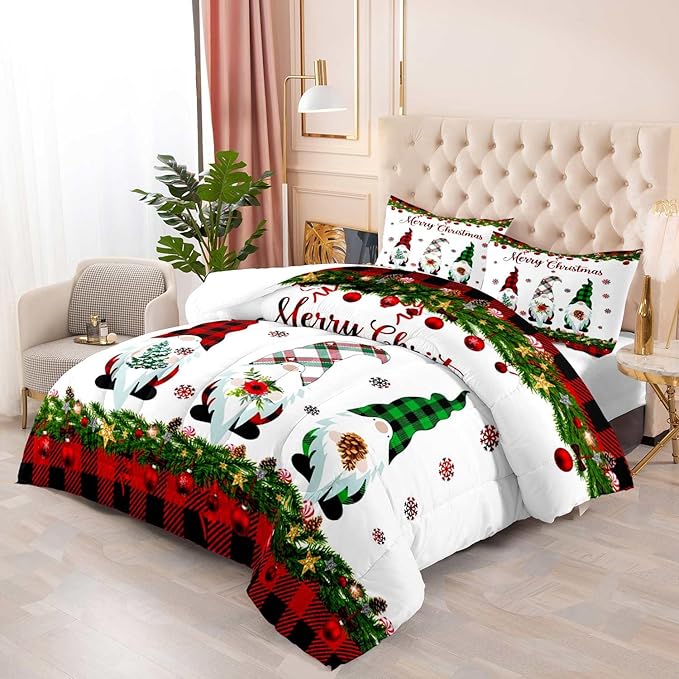 LUVIVIHOME 3PCS Merry Christmas Comforter Set King Size, Gnomes Bedding, Cute Christmas Bedroom Decor for Kids Boys Girls Teens, Xmas Gifts, Buffalo Plaid Christmas Gnomes Decorations, 2 Pillow Cases