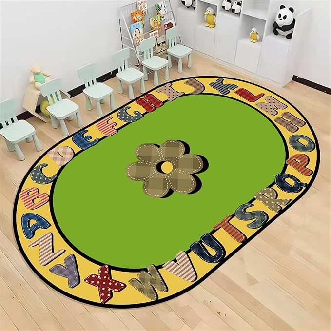Children's Area Rugs, 3x4ft, Educational And Fun Rugs with ABC Alphabet, Early Learning Rug for Playroom Game Activity, Plaid Floral Non-Slip Soft Indoor Play Mat for Bedroom Nursery, Oval Rug