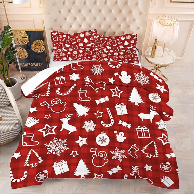 Red Plaid Christmas Comforter: Queen Size Xmas Snowflakes Bedding Sets Snowman Pine Tree Candy Canes Elk Quilt Bed Set 3 Piece for Women Adults Teens Bedroom Festival Decor