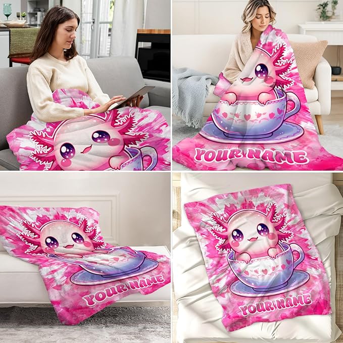 Personalized Axolotl Blanket Gifts - 60" x 80" Inches Cute Throw Blankets for Adult, Women - Pink Cozy Flush Girls Throw for Sofa, Bed & Living Room