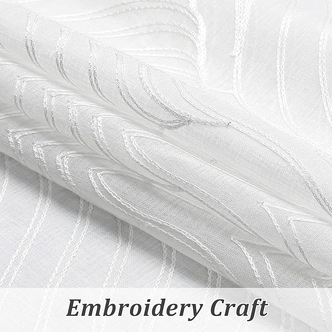 VISIONTEX White Sheer Curtains 63 Inch Length 2 Panels Set Moroccan Embroidery Texture Geometric Rod Pocket Ivory White Voile Tulle Semi Window Treatment Pair for Bedroom Living Room 54 x 63 Inches