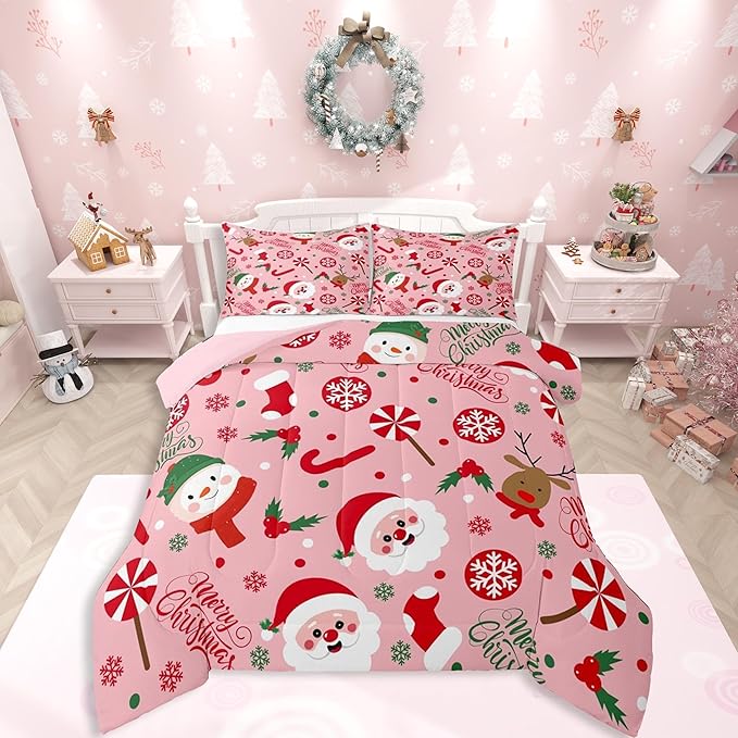Feelyou Merry Christmas Kids Comforter Set Full Size Santa Claus Snowman Bedding Set Deer Berries Duvet Quilt for Kids Boys Girls Bedroom Snowflake Decor Microfiber Ultra Soft Breathable