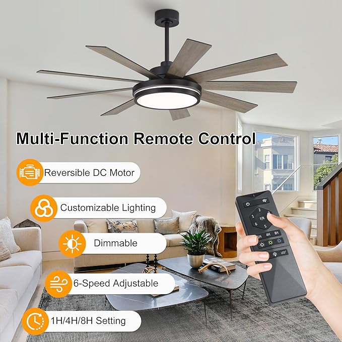 WINGBO 60" Ceiling Fan with Light - Large LED Dimmable Light, 6-Speed Remote Control, Reversible DC Motor, Modern Ceiling Fan 9 Blades for Bedroom, Living Room, Indoor Outdoor Black and Driftwood