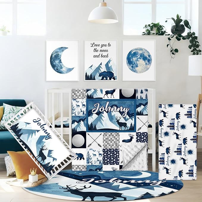 Personalized Baby Crib Bedding Set, 5 Pcs Custom Name Nursery Bedding Set for Boys Girls, Blue Deer Crib Set, Toddlers Crib Bedding, Double Layer, Ideal Gift for Newborn Infant New Parents