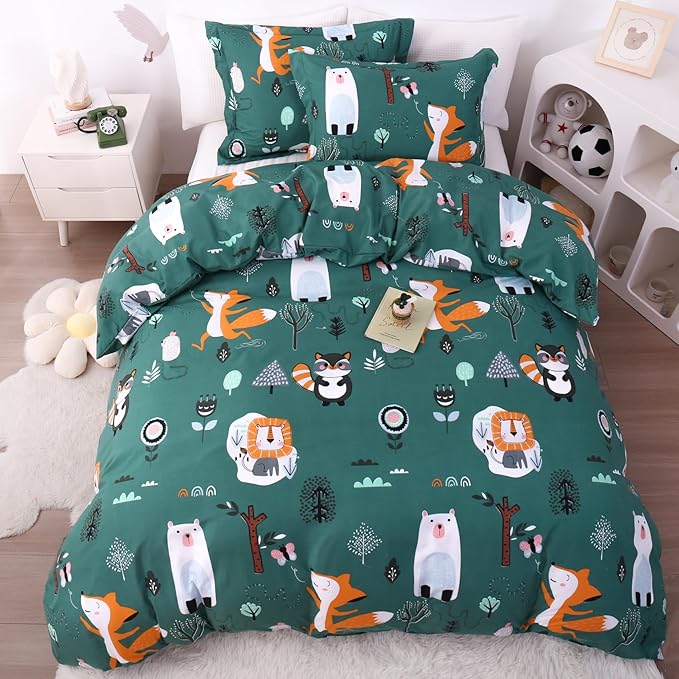 JSD Green Forest Animal Kids Duvet Cover Set Queen Size, 3 Piece Soft Printed Microfiber Comforter Cover with Pillow Sham Zipper Closure, Comforter Not Included