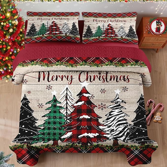 Christmas Full/Queen Size Quilt Set, Black Red Plaid Lightweight Bedspread Coverlet with Pillow Shams for Kids and Adults, Retro Colorful Pine Tree 3 Pcs Bedding Bed Cover