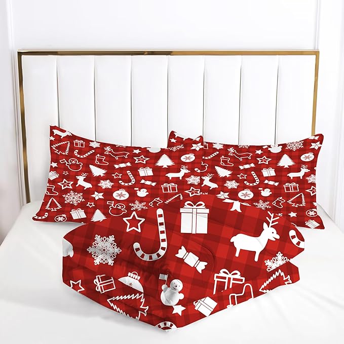 Plaid Christmas Comforter King: Xmas Red Snowman Bedding Sets Snowflakes Christmas Tree Candy Reindeer Bed Set 3 Piece for Women Adults Teens Bedroom Festival Decor
