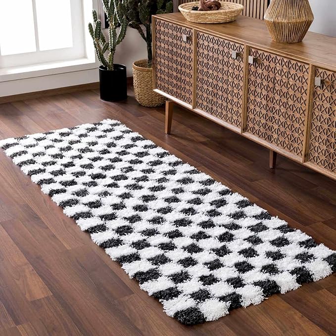 Hauteloom Atira Contemporary Checkered Fluffy Shag Runner Rug - Modern Geometric Carpet Tiles for Hallway, Hitchen - Plush Pile Carpet Squares - Black, White - 2'7" x 7'3"