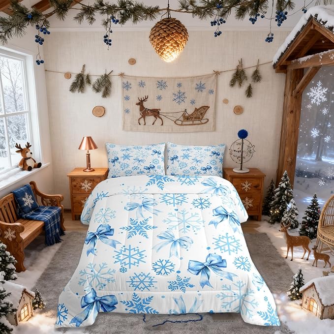 Lovely Bowknot Comforter Set Full Size,Dreamy Bowknot Dots Snowflake Kids Bedding Set,Winter Merry Christmas Girly Quilt Comforter,Blue White Duvet Insert,2 Pillowcases