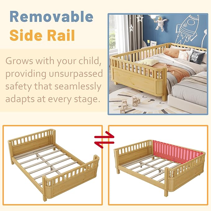 Full Kids Floor Bed Frame with Rails, Wood Low Montessori Platform Bed with Slats Support, Modern Daybed with Detachable Side Rails, Space Saving Kids Beds for Boys Girls Bedroom, Natural