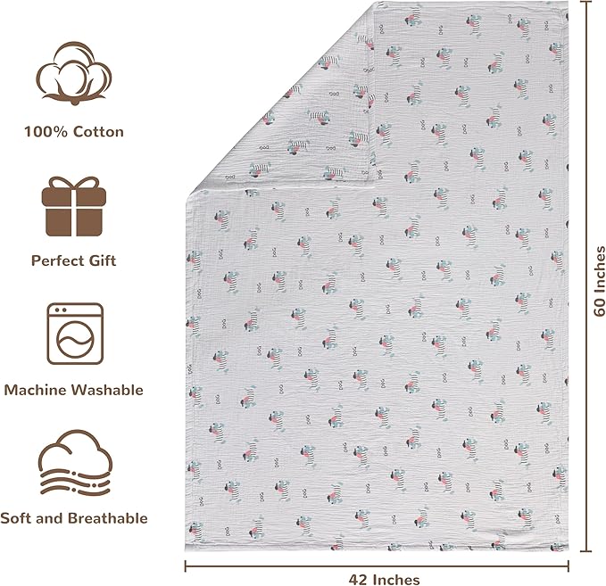 NTBAY 2 Layer Muslin Cotton Baby Swaddle Blanket, 42x60 Soft and Breathable Receiving for Newborns and Infants, Perfect for Crib, Stroller, Travel, Lightweight Nursery Blanket, Striped Dog