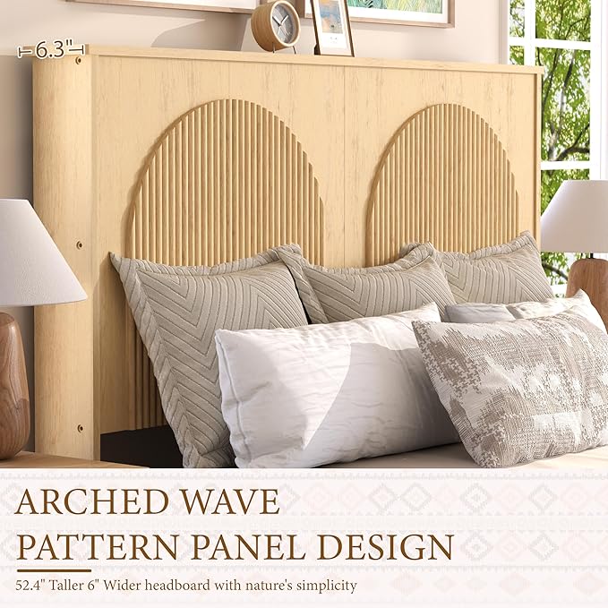 XIAOWEI Queen Size Bed Frame with 52.4" Tall Headboard 2 Storage Drawers,Fluted Sturdy Wooden Frame with Underbed Storage,No Box Spring Needed Platform Bed,Easy Assembly Low Profile Bed Frame,Natural