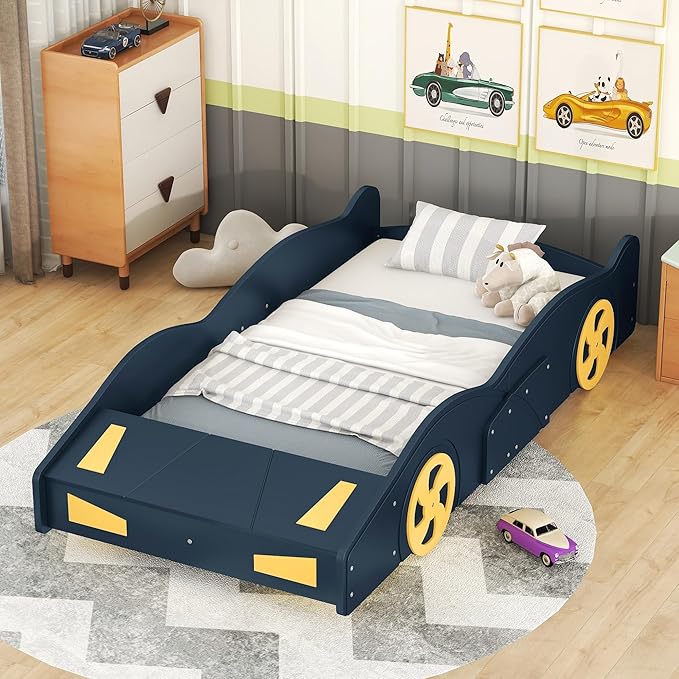 Harper & Bright Designs Twin Size Race Car-Shaped Platform Bed with Wheels and Storage, Dark Blue+Yellow