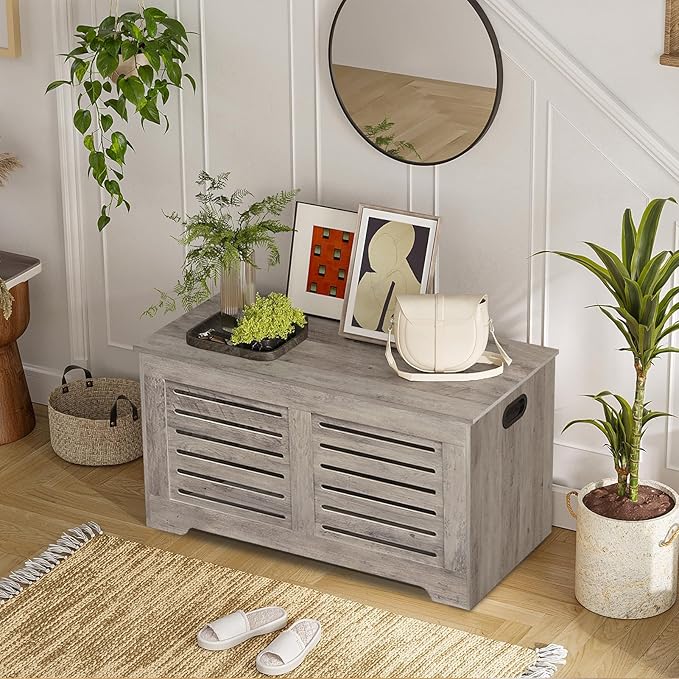 DINZI LVJ Storage Chest, Flip-Top Wooden Toy Box with 2 Safety Hinges, Entryway Shoe Storage Bench, Sturdy Large Storage Trunk for Living Room, Bedroom, Easy Assembly, Greige