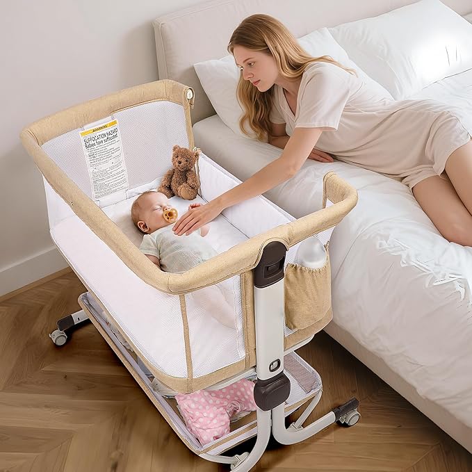Baby Bassinet Bedside Sleeper, Upgraded Stability Bedside Crib with Full Mesh Sides, Soft Sheet, 6-Height Adjustment, Storage Basket, Easy Folding Portable Bassinet for Newborns, Oatmeal