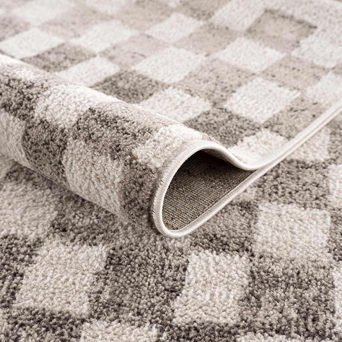 Hauteloom Pertek Modern Checkered Runner Rug - Modern Geometric Carpet for Hallway, Kids Room, Nursery - Bohemian Boho Carpet - Cream, Beige, Tan - 2'7" x 10'