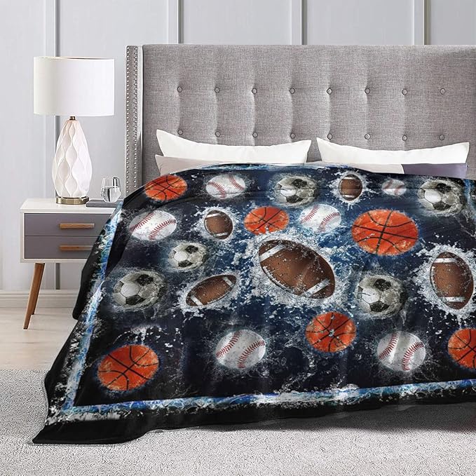 Sports Balls Blanket for Girls Boys Fans Basketball Baseball Football Soccer Throw Blankets Soft Cozy Warm Fuzzy Fleece Bedding Flannel Throws Stuff Gifts Kids Men Women Bedroom Decor 60"x50"
