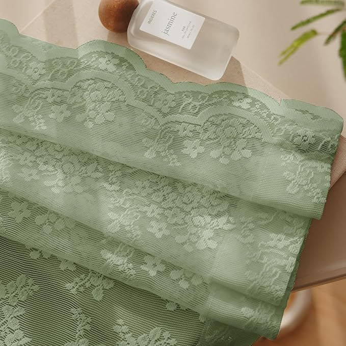 Anmao Vintage Sage Green Lace Curtains 45 Inches Long 2 Panels Sets, Romantic Light Filtering Semi Sheer Floral Thick Lacy Curtain Drapes for Living Room and Bedroom, Each Panel 55W x 45L, Sage Green
