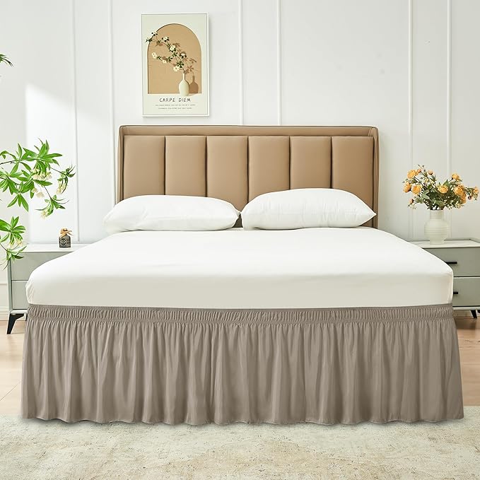 Biscaynebay Wrap Around Bed Skirts for Twin & Twin XL Beds Short Drop of 12", Taupe Adjustable Elastic Dust Ruffles Easy Fit Wrinkle Resistant Silky Luxurious Fabric Machine Washable