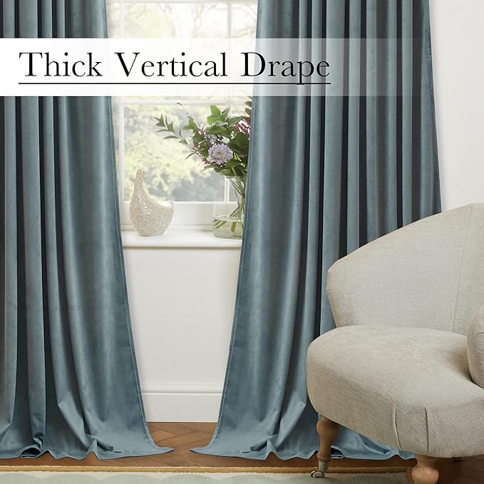 StangH Stone Blue Velvet Curtains 90 inches Long for Living Room, Back Tab Light Blocking Thermal Insulated Privacy Drapes for Nursery Bedroom Dining Room, W42 x L90, 2 Panels