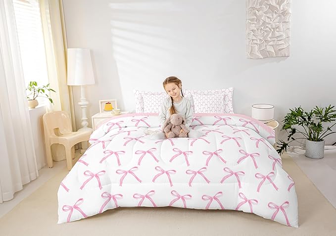 7 Pieces Cartoon Bowknot Kids Comforter Full,Pink Bow Tie Butterfly Knot Princess Bedding Set,Watercolor Bow Patchwork Pink White（Comforter+Fitted+Flat Sheet+2 Pillowcases+2 Throw Pillow Covers）