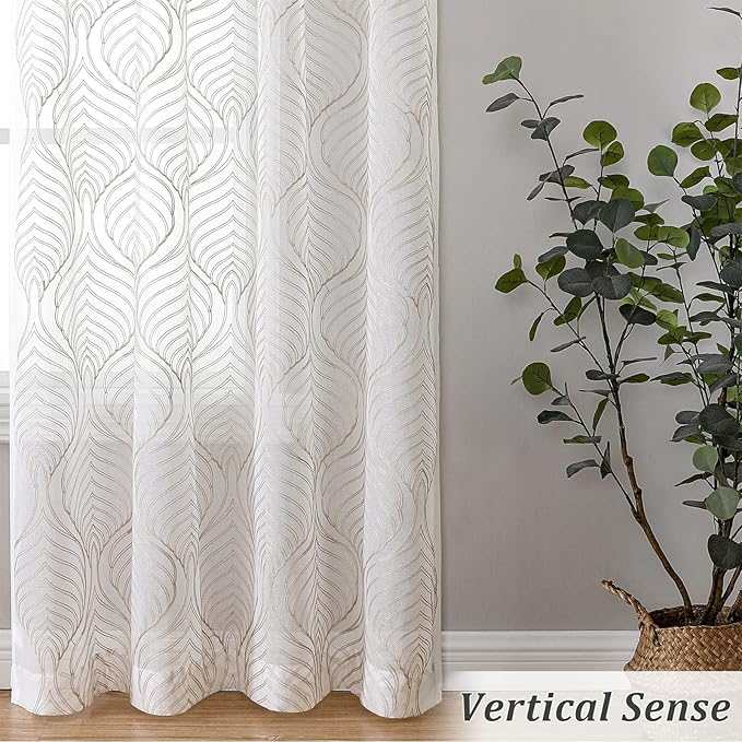 VISIONTEX Sheer Curtains 72 Inches Long 2 Panels Set Taupe Moroccan Embroidery Texture Geometric Rod Pocket Ivory White Voile Tulle Semi Window Treatment Pair for Bedroom Living Room 54 x 72 Inches