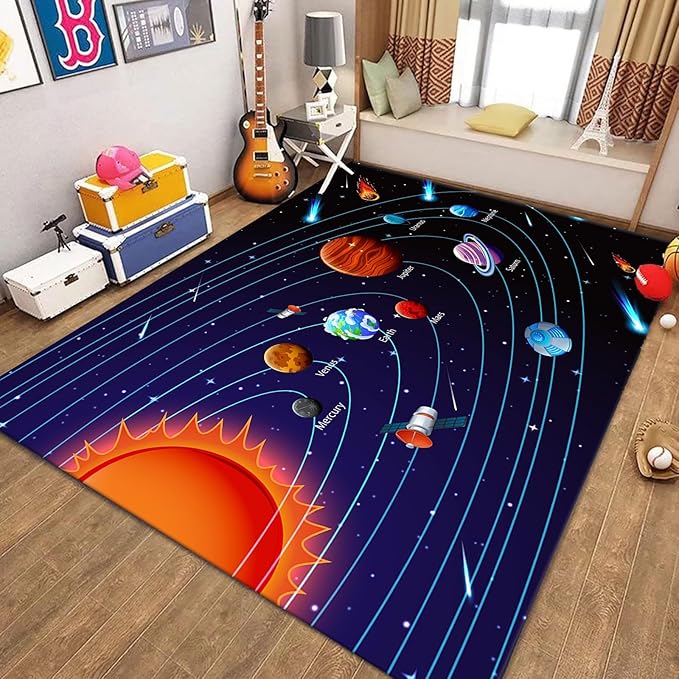 Cartoon Space Solar System Planet Area Rug,4x5ft,Outer Space Themed Rugs, Non-Slip Washable, Easy Care Rug, Suitable for Kids Playroom, Boys and Girls Room Decor