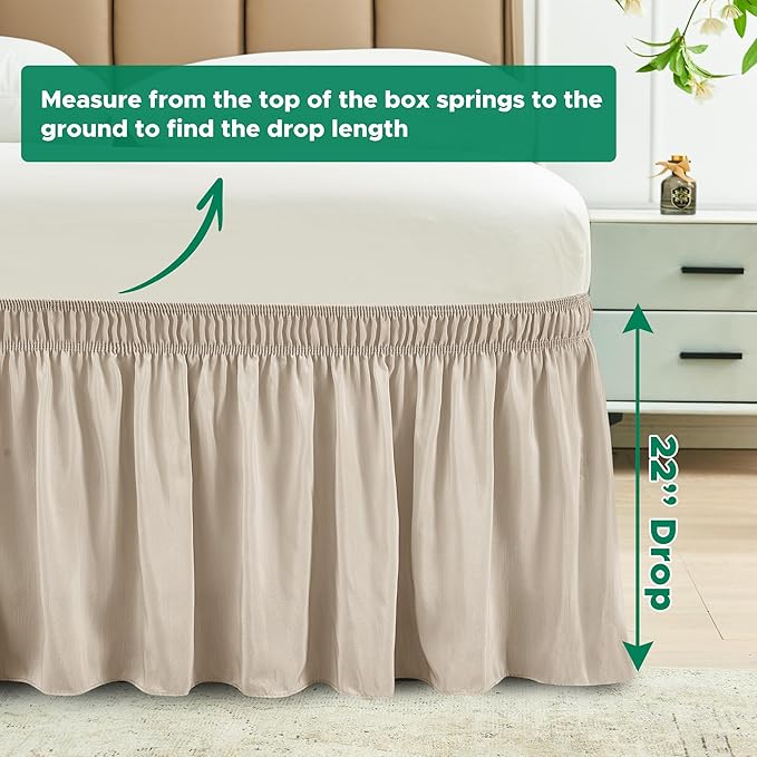 Biscaynebay Wrap Around Bed Skirts for King & Cal King Beds 22" Long Drop, Light Camel Adjustable Elastic Dust Ruffles Easy Fit Wrinkle Resistant Silky Luxurious Fabric Machine Washable