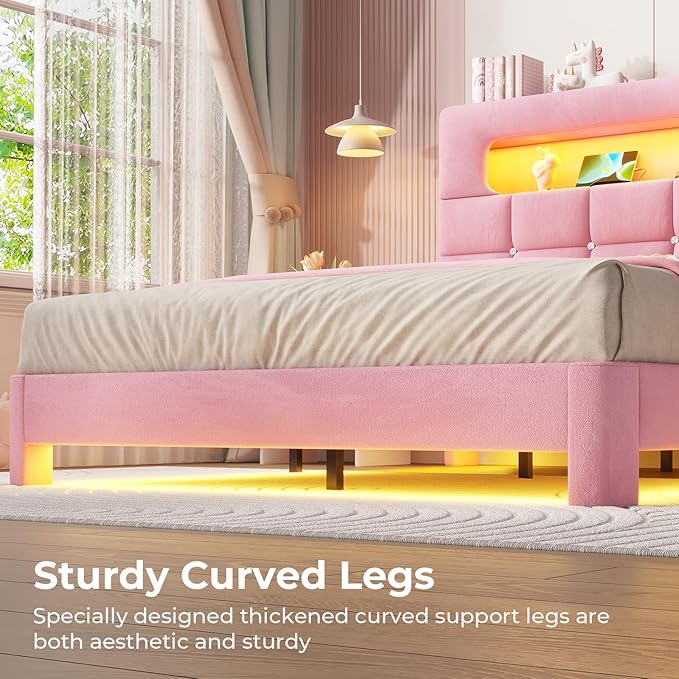MSmask Full Upholstered LED Bed Frame with 2-Tier Storage Bookcase Headboard, Velvet Princess Bed with Crystal Button Tufted Headboard & Charging Station, Girls Platform Bed, Curved Legs, Pink