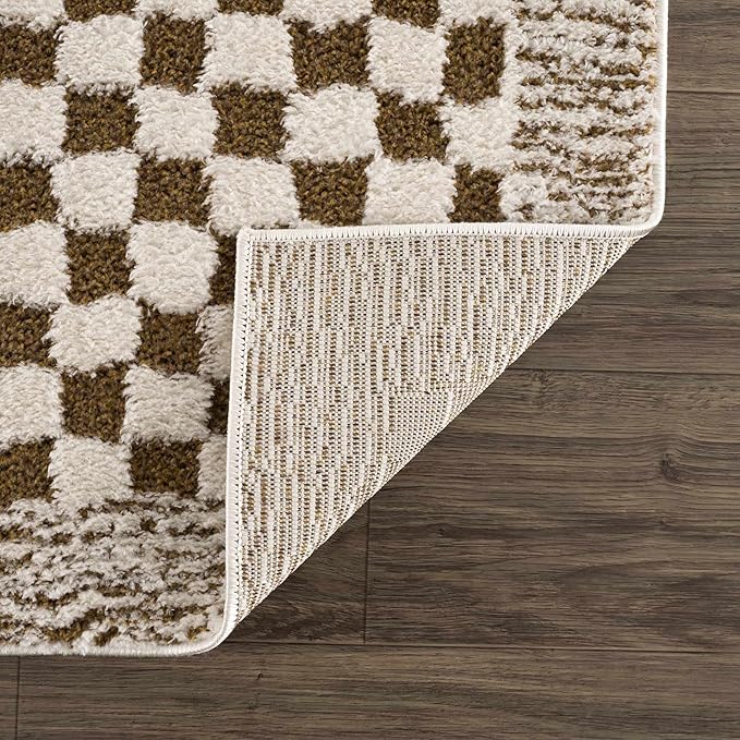 Hauteloom Leryn Living Room, Bedroom Area Rug - Checkered - High Pile - Bone - 6'7" x 9'