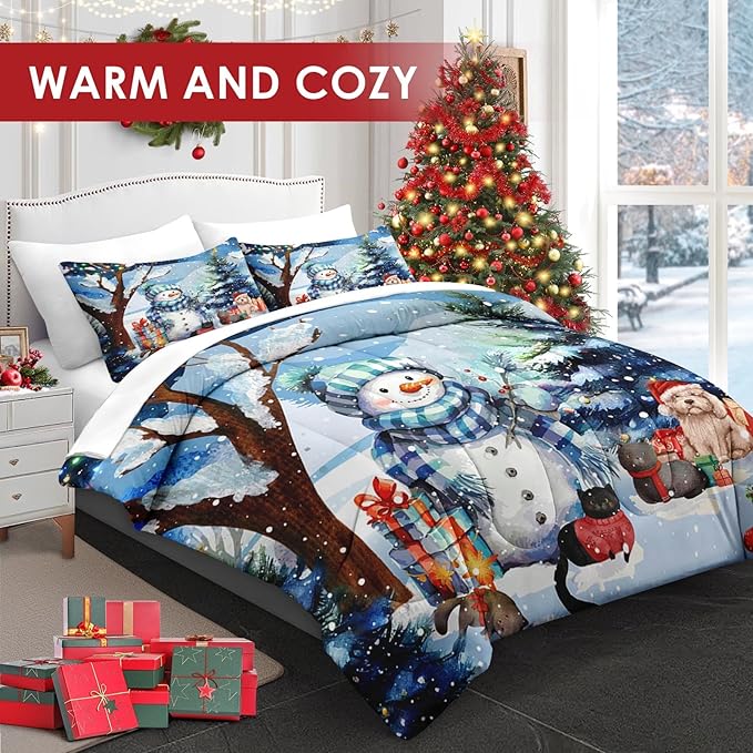 7 Pcs Full Size Christmas Comforter Set with 2 Pillowcases & 2 Shams, Cute Blue Snowman Bedding for Kids and Adults, Cold Snowy Night Bed in a Bag with Flat Fitted Sheet
