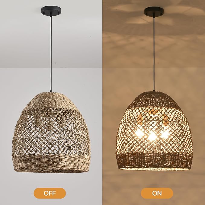 19.7" Rattan Light Large Pendant Light Fixture,Boho Coastal Ceiling Hanging Woven Wicker Chandelier of Farmhouse Living Room Kitchen Island Dining Room, Hallway