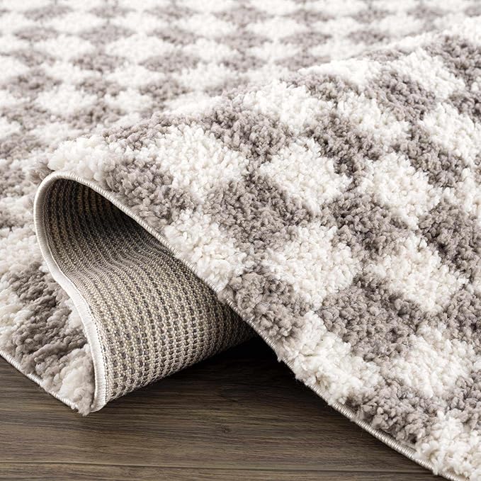 Hauteloom Kieu Contemporary Checkered Fluffy Shag Area Rug - Modern Geometric Soft Carpet Tiles for Living Room, Kids Room, Nursery - Light Gray, Taupe, Gray - 18" Sample