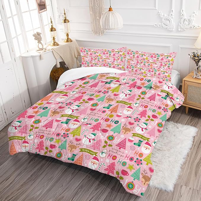 Pink Christmas Comforter Twin: Merry Xmas Santa Claus Bedding Set for Kids Teen Girls Boys Christmas Tree Snowman Elk Quilts Festival Decor Bed Set 1 Comforter & 1 Pillowcase