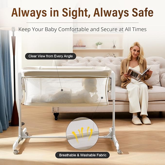 Baby Bassinet Bedside Sleeper 3-in-1, Easy Night Feeding with One-Side Fold & Rolling Wheels, Breathable Mesh, 6-Height Adjustable, Soft Mattress for Newborns