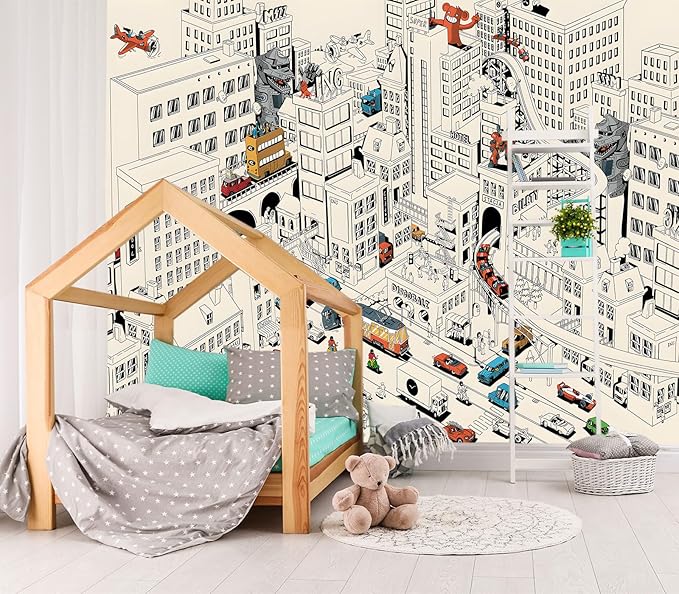 XMPMBM-Cartoon Comics City Nursery Room Fabric Wallpaper Kids Bedroom Hand-Painted Graffiti Wall Mural-W 176" X H 113"（138 Square Foot）