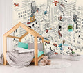 XMPMBM-Cartoon Comics City Nursery Room Fabric Wallpaper Kids Bedroom Hand-Painted Graffiti Wall Mural-W 132" X H 92"（93 Square Foot）