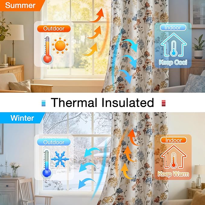 MYSKY HOME Floral 100% Blackout Linen Curtains 72 Inches Long 2 Panels Set for Bedroom Living Room Farmhouse Flower Pattern Double Layer Thermal Insulated Grommet Drapes, Yellow, 52" Wide Each Panel